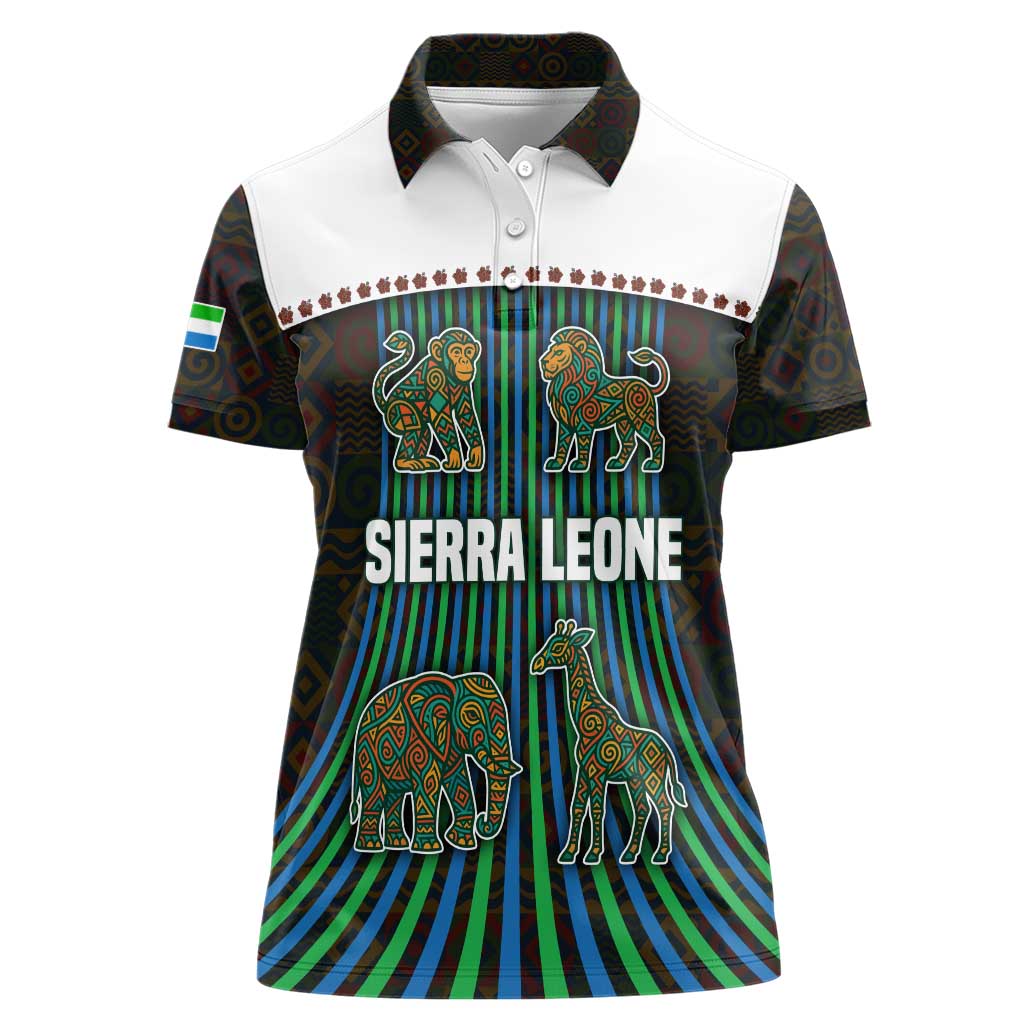 Sierra Leone Women Polo Shirt with Tribal Animal Pattern Featuring Lion Elephant Giraffe and Monkey