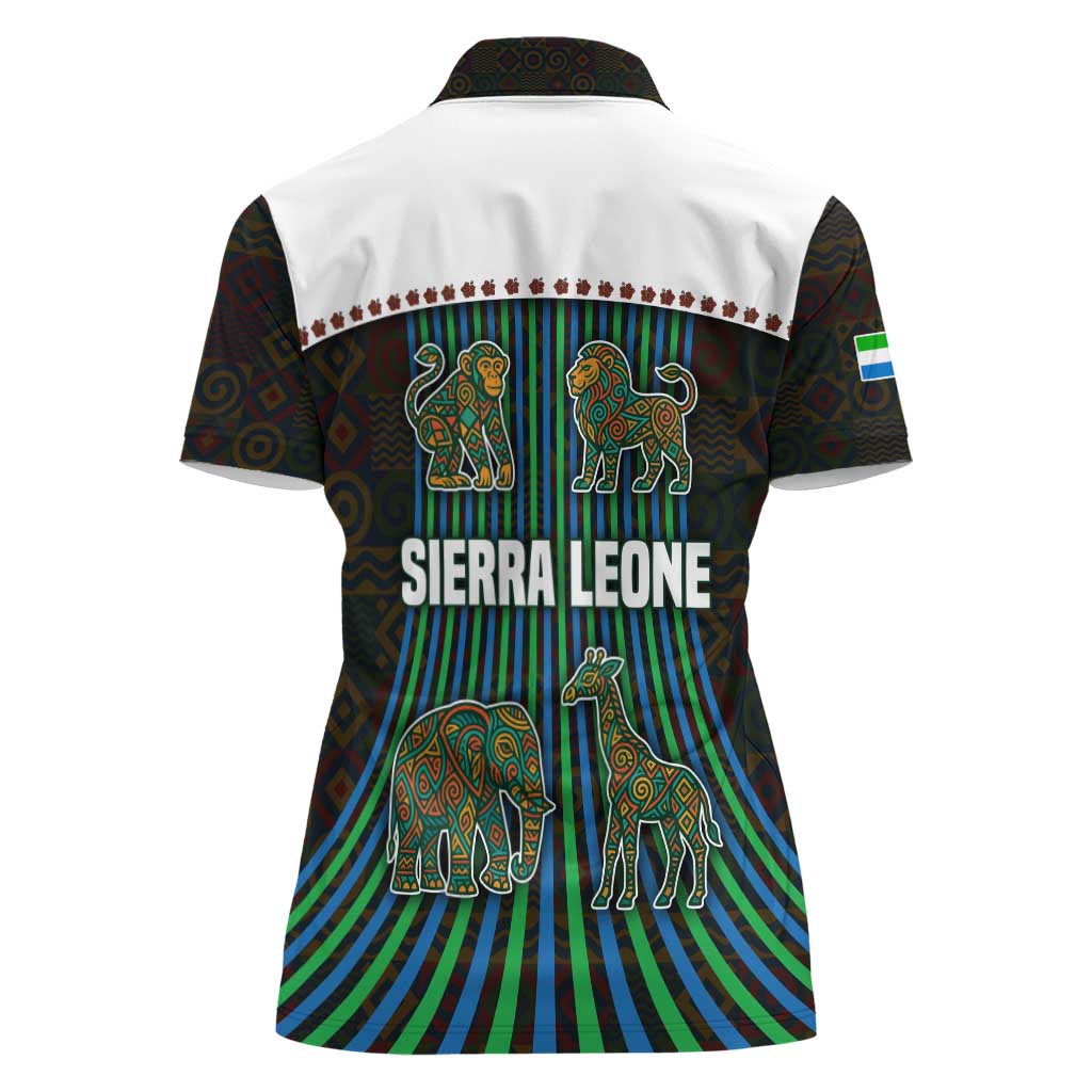 Sierra Leone Women Polo Shirt with Tribal Animal Pattern Featuring Lion Elephant Giraffe and Monkey