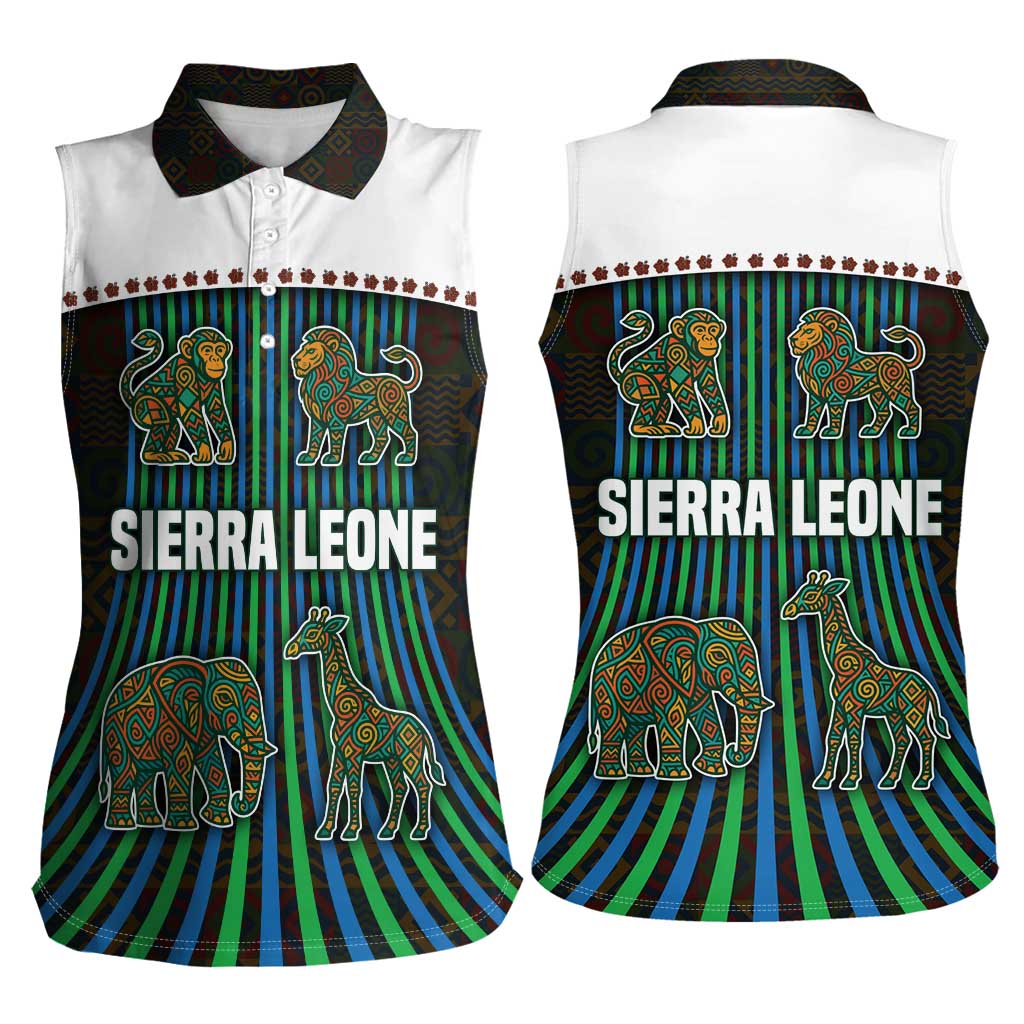 Sierra Leone Women Sleeveless Polo Shirt with Tribal Animal Pattern Featuring Lion Elephant Giraffe and Monkey