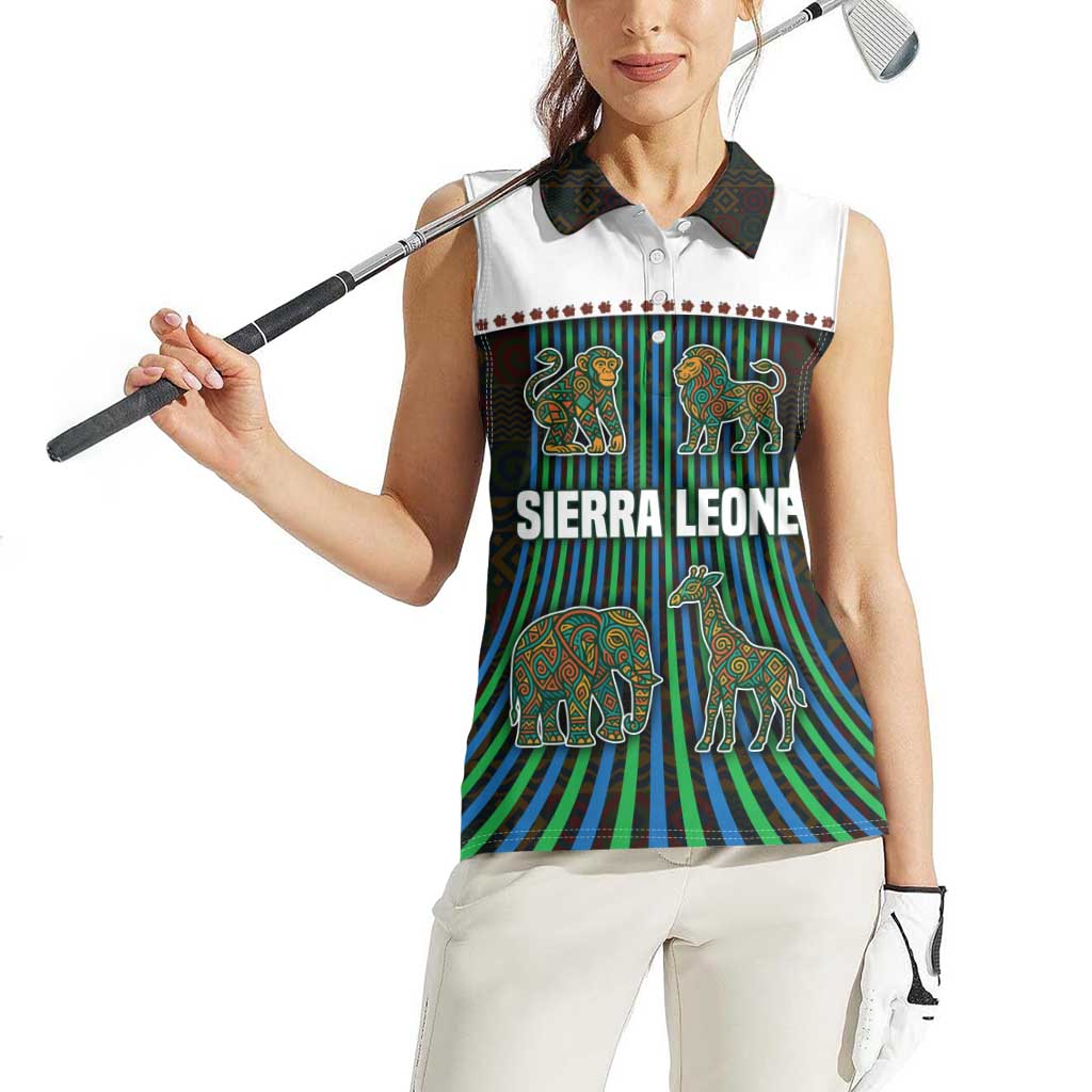 Sierra Leone Women Sleeveless Polo Shirt with Tribal Animal Pattern Featuring Lion Elephant Giraffe and Monkey