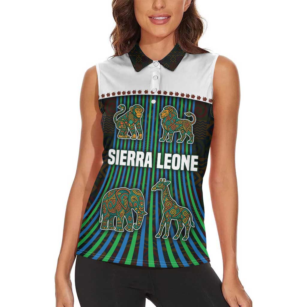 Sierra Leone Women Sleeveless Polo Shirt with Tribal Animal Pattern Featuring Lion Elephant Giraffe and Monkey