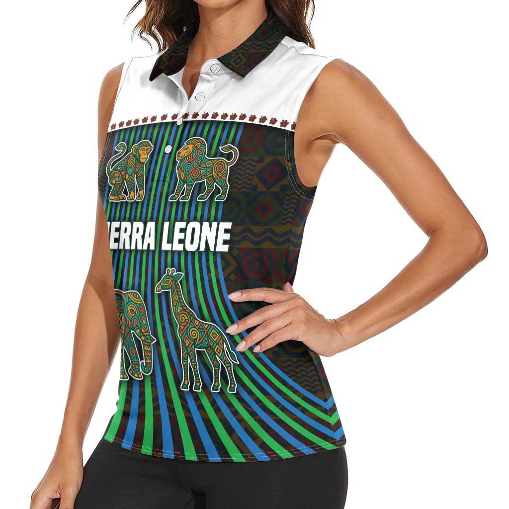 Sierra Leone Women Sleeveless Polo Shirt with Tribal Animal Pattern Featuring Lion Elephant Giraffe and Monkey
