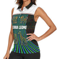 Sierra Leone Women Sleeveless Polo Shirt with Tribal Animal Pattern Featuring Lion Elephant Giraffe and Monkey