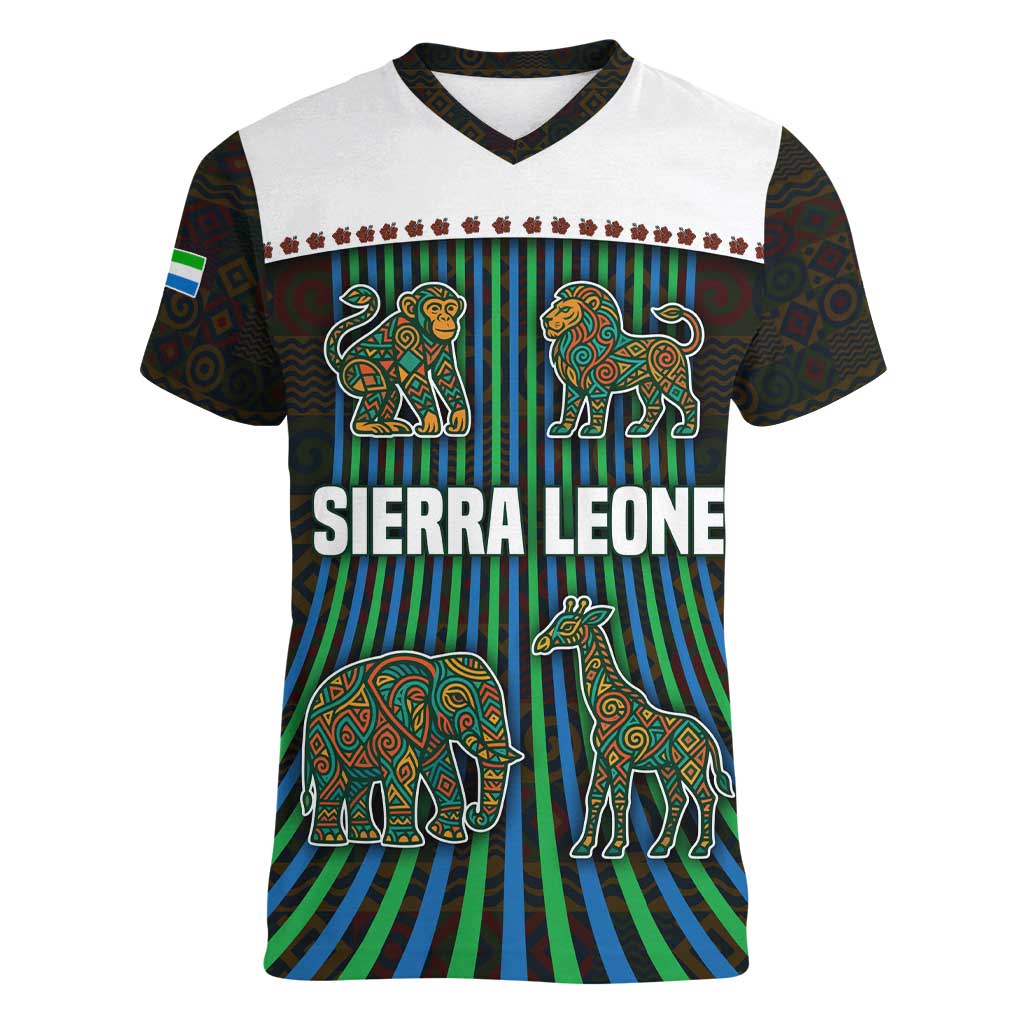 Sierra Leone Women V-Neck T-Shirt with Tribal Animal Pattern Featuring Lion Elephant Giraffe and Monkey