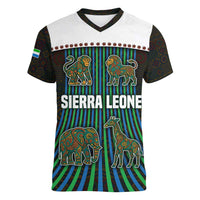 Sierra Leone Women V-Neck T-Shirt with Tribal Animal Pattern Featuring Lion Elephant Giraffe and Monkey