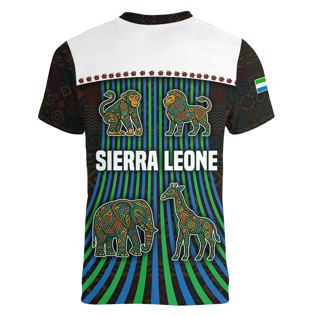 Sierra Leone Women V-Neck T-Shirt with Tribal Animal Pattern Featuring Lion Elephant Giraffe and Monkey