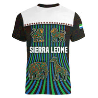 Sierra Leone Women V-Neck T-Shirt with Tribal Animal Pattern Featuring Lion Elephant Giraffe and Monkey
