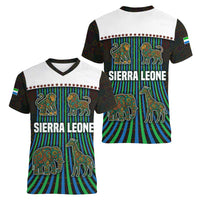 Sierra Leone Women V-Neck T-Shirt with Tribal Animal Pattern Featuring Lion Elephant Giraffe and Monkey