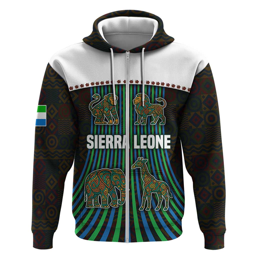 Sierra Leone Zip Hoodie with Tribal Animal Pattern Featuring Lion Elephant Giraffe and Monkey