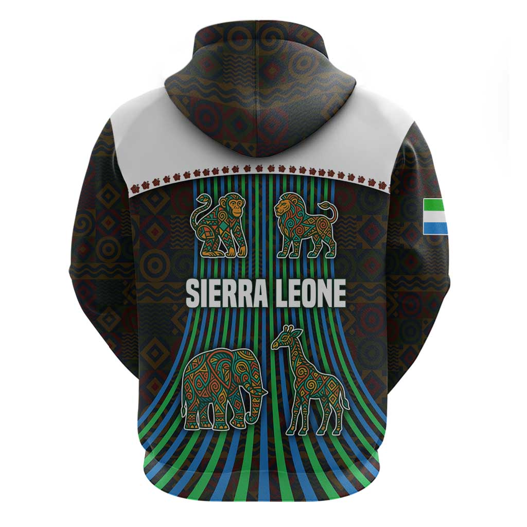 Sierra Leone Zip Hoodie with Tribal Animal Pattern Featuring Lion Elephant Giraffe and Monkey