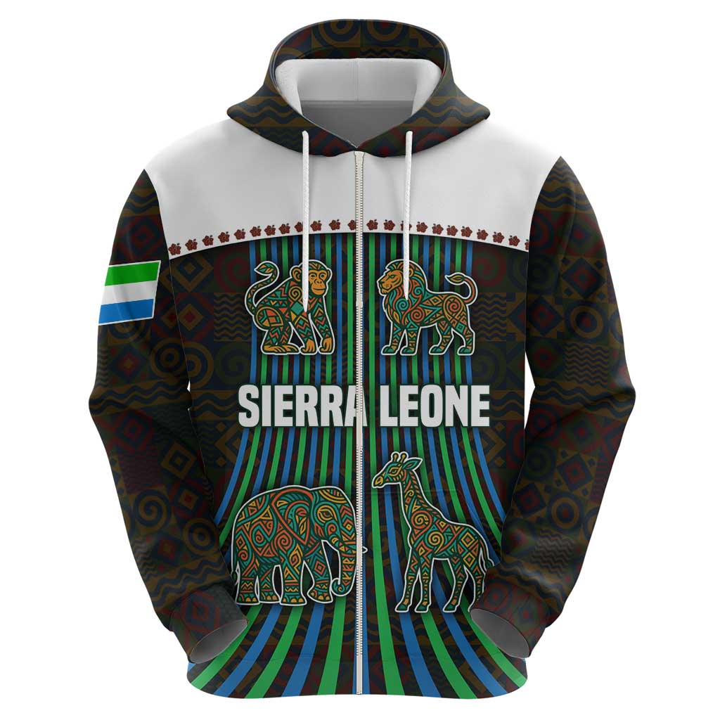 Sierra Leone Zip Hoodie with Tribal Animal Pattern Featuring Lion Elephant Giraffe and Monkey