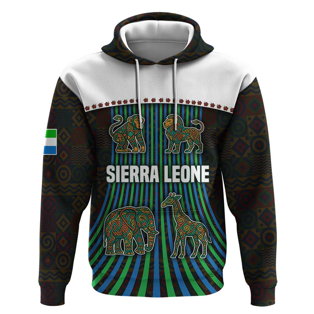 Sierra Leone Zip Hoodie with Tribal Animal Pattern Featuring Lion Elephant Giraffe and Monkey