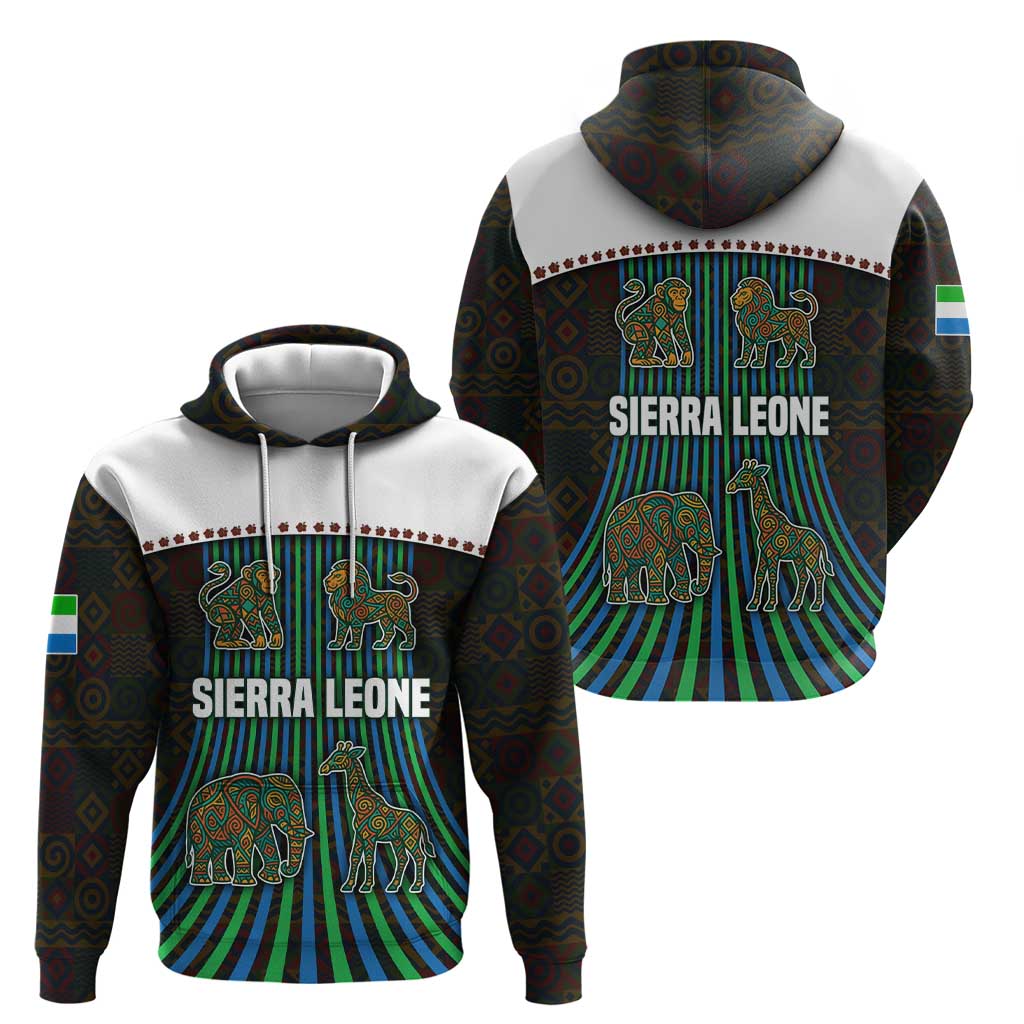 Sierra Leone Zip Hoodie with Tribal Animal Pattern Featuring Lion Elephant Giraffe and Monkey