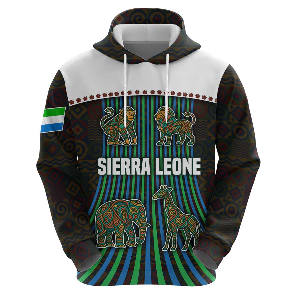 Sierra Leone Zip Hoodie with Tribal Animal Pattern Featuring Lion Elephant Giraffe and Monkey