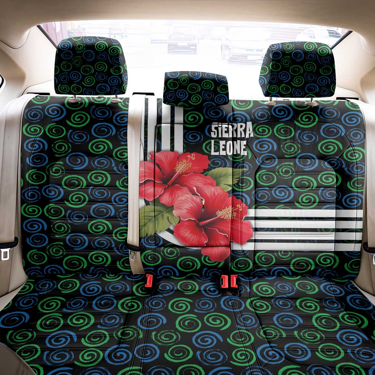 Sierra Leone Back Car Seat Cover with Red Hibiscus Floral Design and Tribal Swirl Pattern