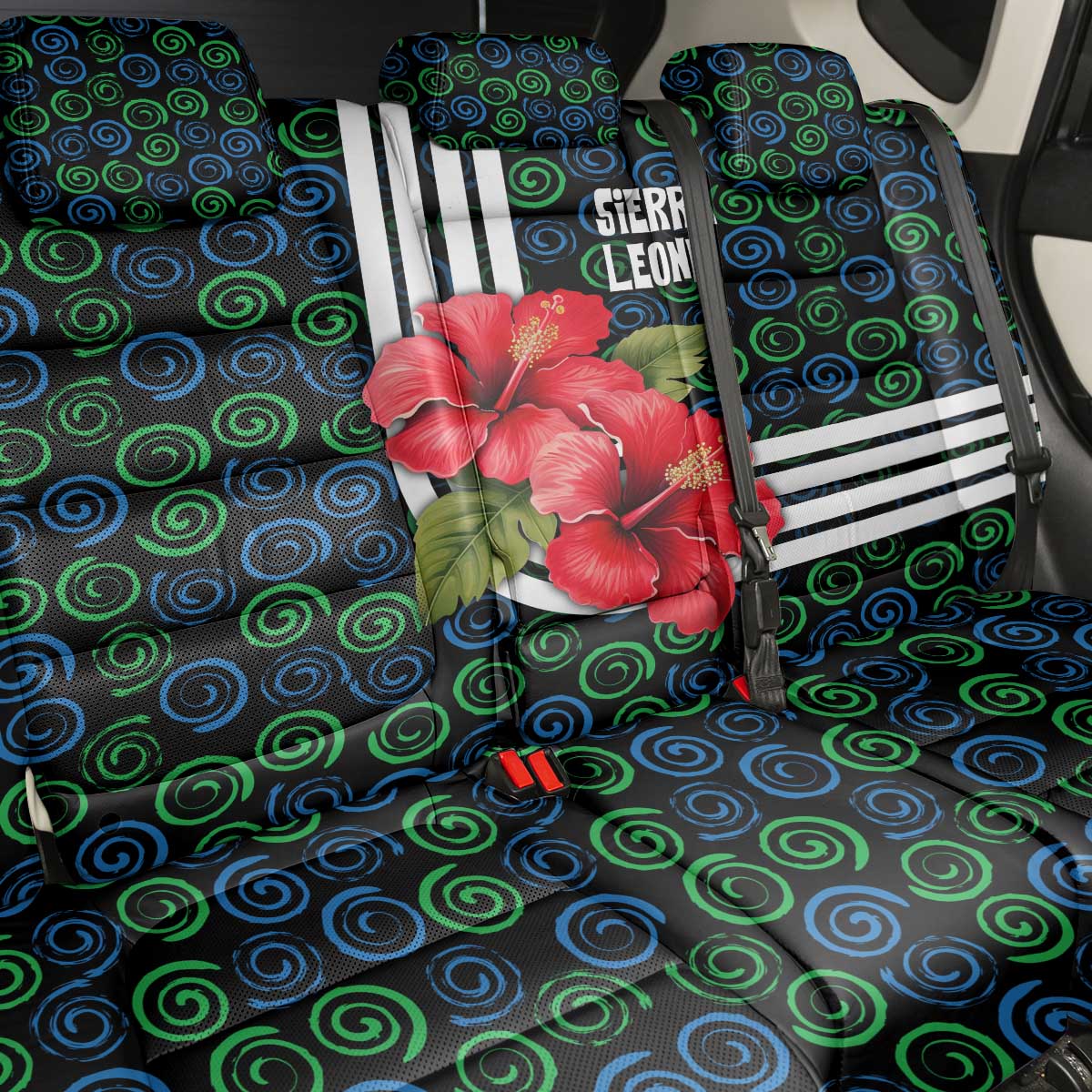 Sierra Leone Back Car Seat Cover with Red Hibiscus Floral Design and Tribal Swirl Pattern