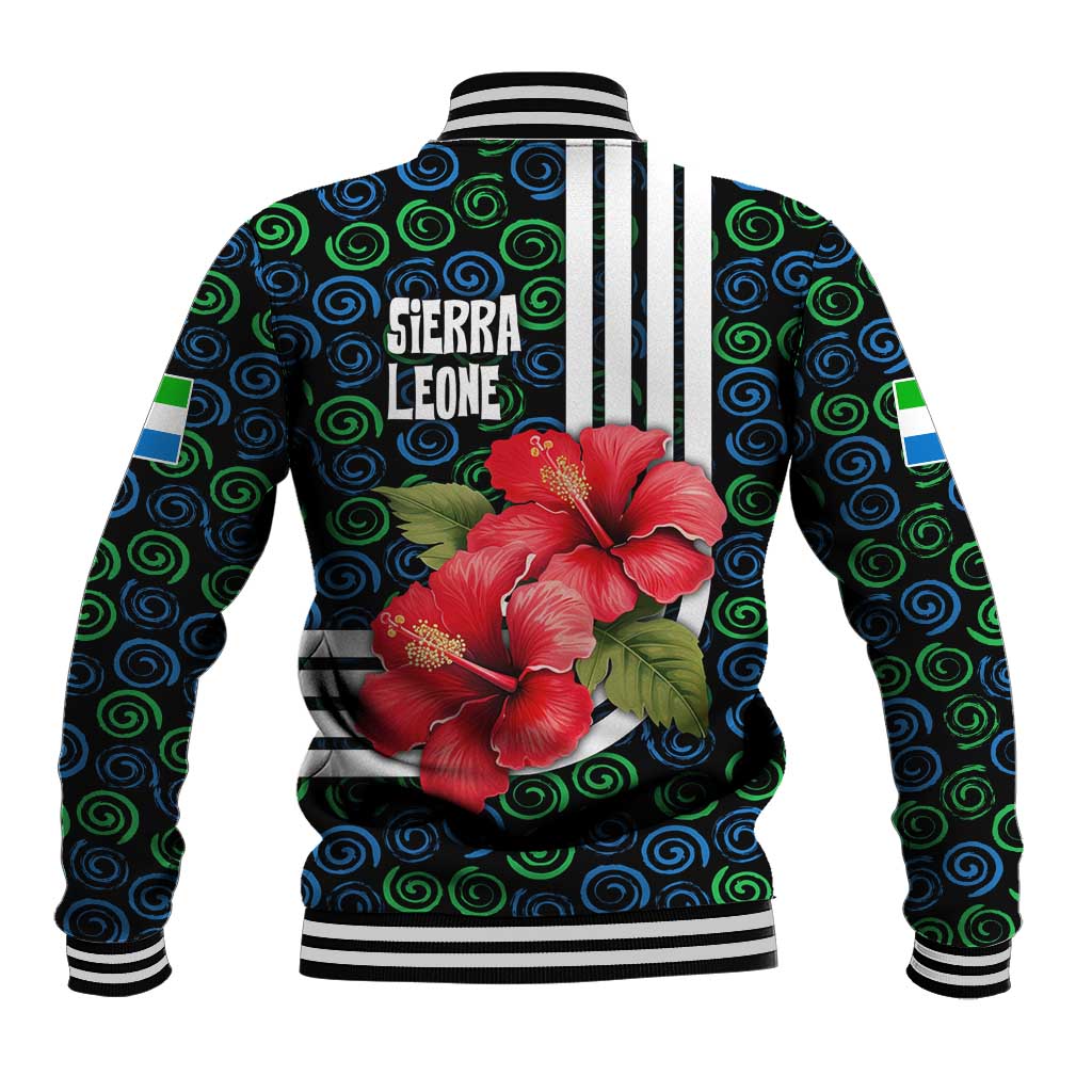Sierra Leone Baseball Jacket with Red Hibiscus Floral Design and Tribal Swirl Pattern