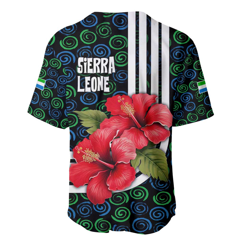 Sierra Leone Baseball Jersey with Red Hibiscus Floral Design and Tribal Swirl Pattern