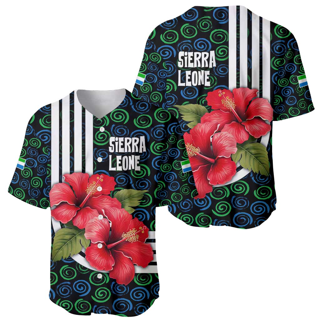 Sierra Leone Baseball Jersey with Red Hibiscus Floral Design and Tribal Swirl Pattern