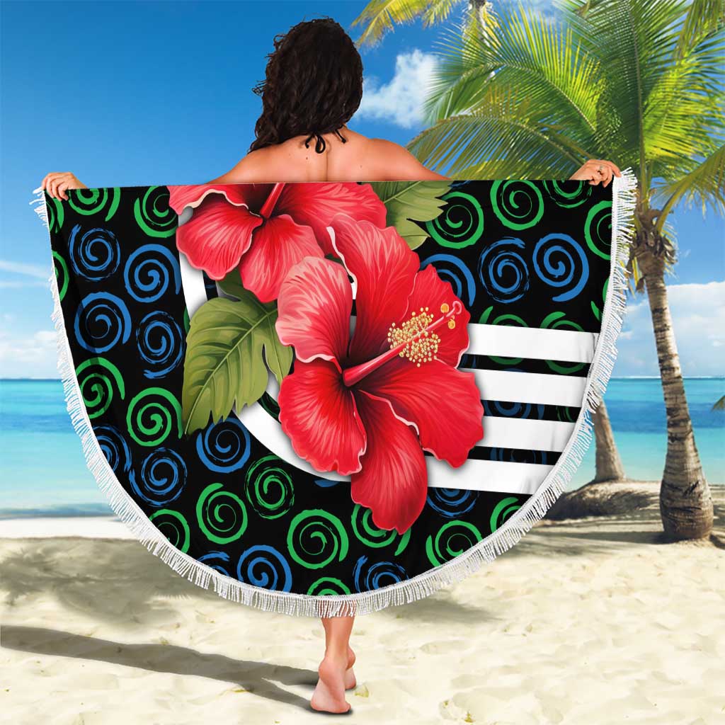 Sierra Leone Beach Blanket with Red Hibiscus Floral Design and Tribal Swirl Pattern