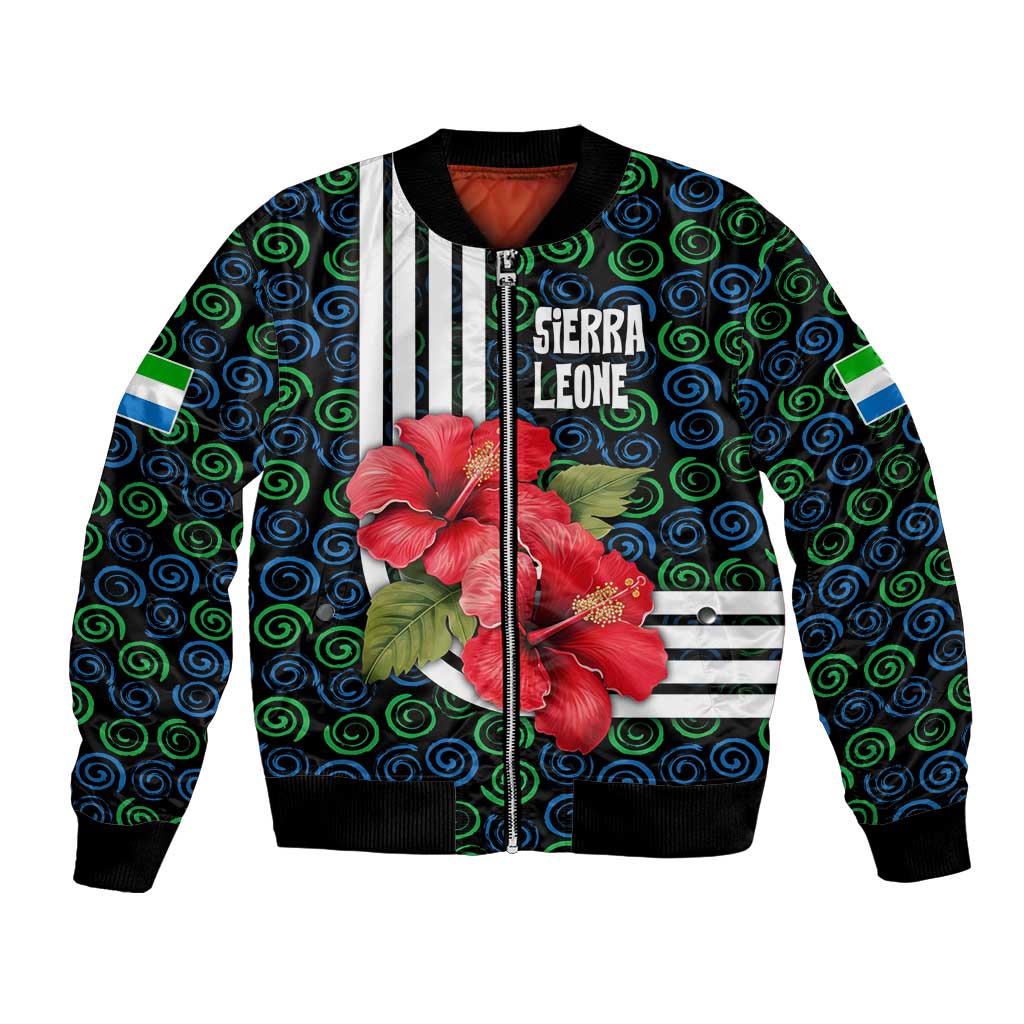 Sierra Leone Bomber Jacket with Red Hibiscus Floral Design and Tribal Swirl Pattern