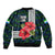 Sierra Leone Bomber Jacket with Red Hibiscus Floral Design and Tribal Swirl Pattern