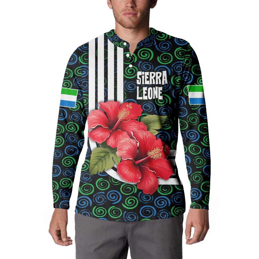 Sierra Leone Button Sweatshirt with Red Hibiscus Floral Design and Tribal Swirl Pattern