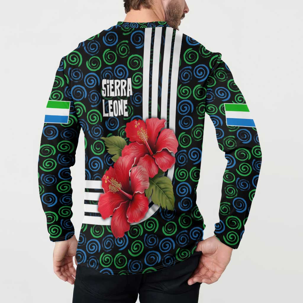 Sierra Leone Button Sweatshirt with Red Hibiscus Floral Design and Tribal Swirl Pattern