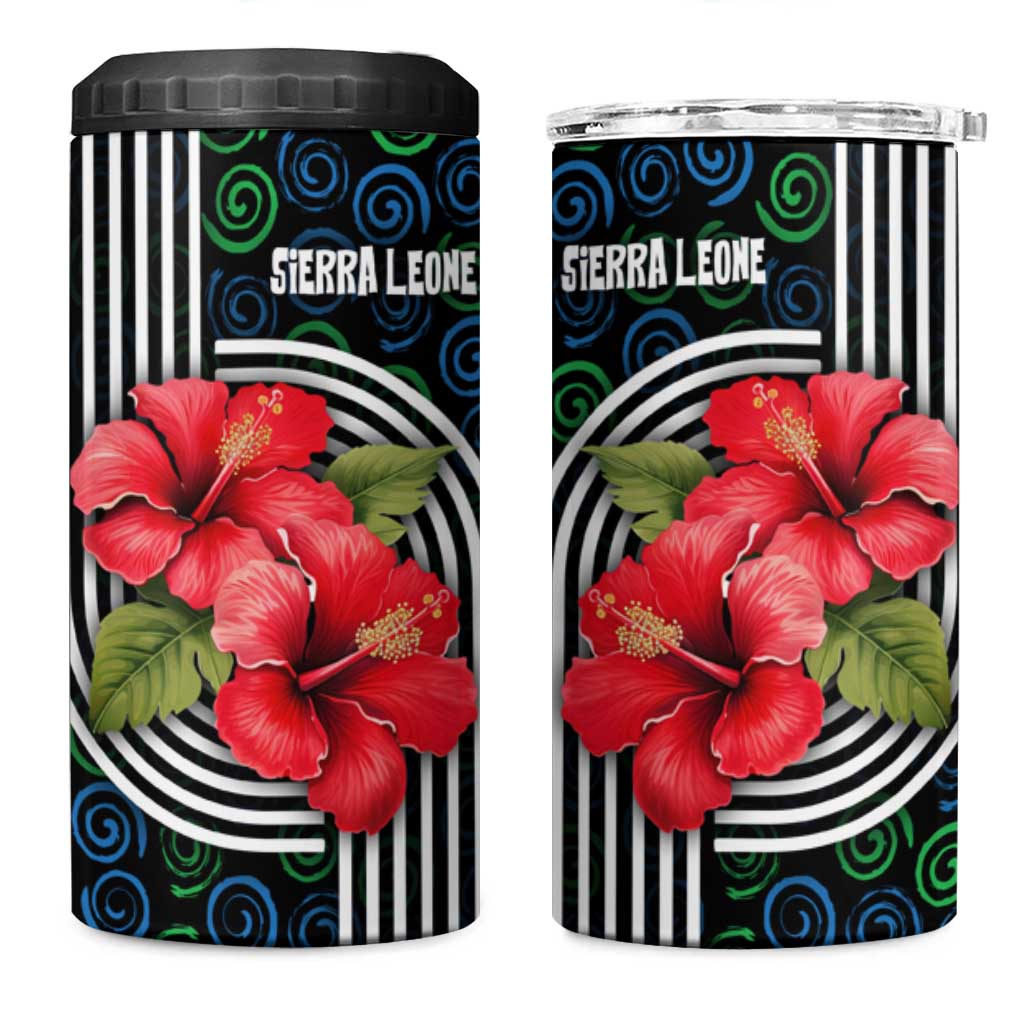 Sierra Leone 4 in 1 Can Cooler Tumbler with Red Hibiscus Floral Design and Tribal Swirl Pattern