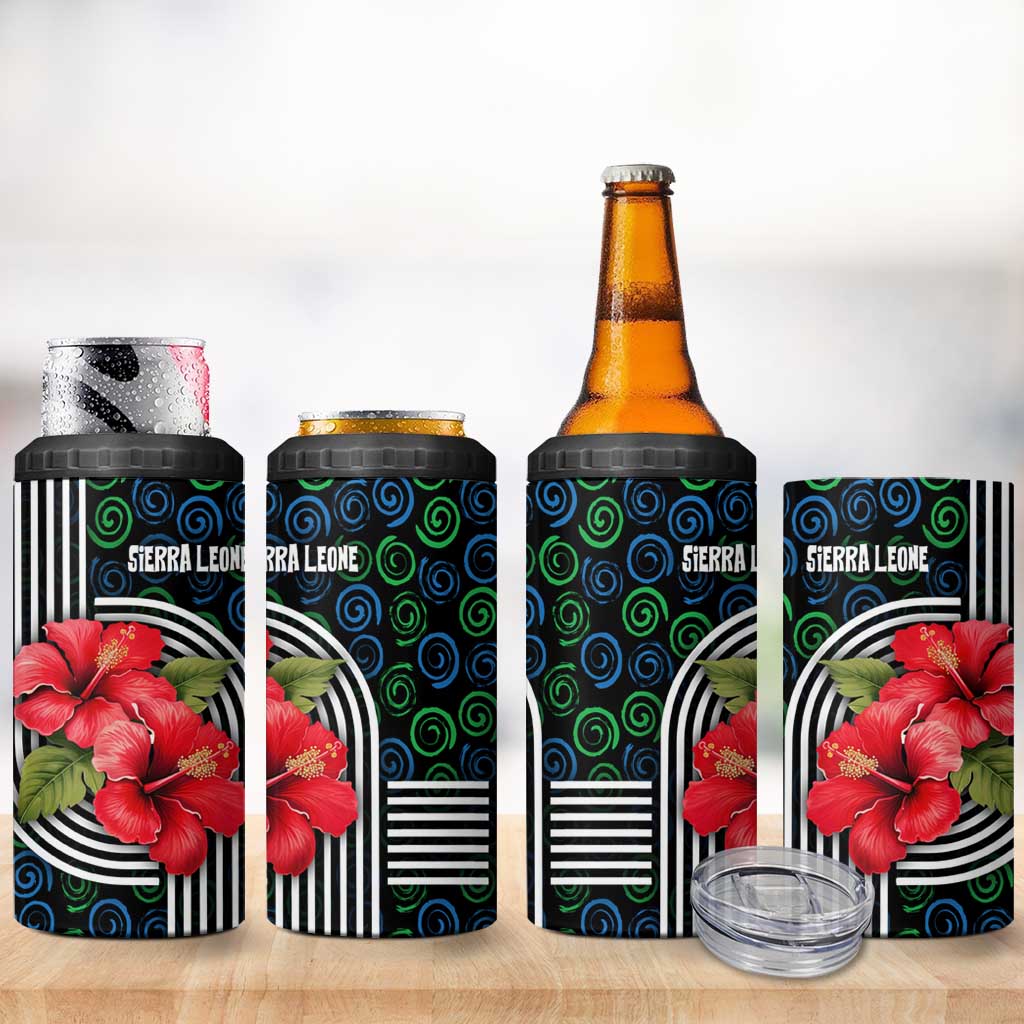 Sierra Leone 4 in 1 Can Cooler Tumbler with Red Hibiscus Floral Design and Tribal Swirl Pattern