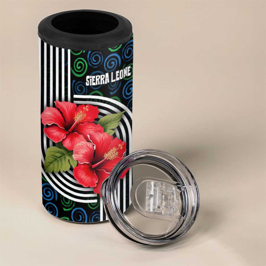 Sierra Leone 4 in 1 Can Cooler Tumbler with Red Hibiscus Floral Design and Tribal Swirl Pattern