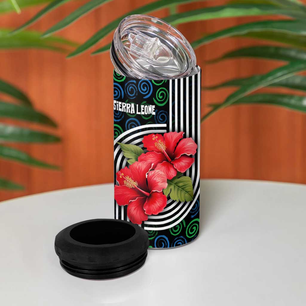 Sierra Leone 4 in 1 Can Cooler Tumbler with Red Hibiscus Floral Design and Tribal Swirl Pattern