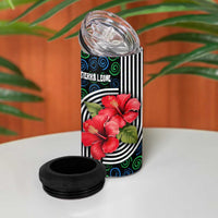 Sierra Leone 4 in 1 Can Cooler Tumbler with Red Hibiscus Floral Design and Tribal Swirl Pattern
