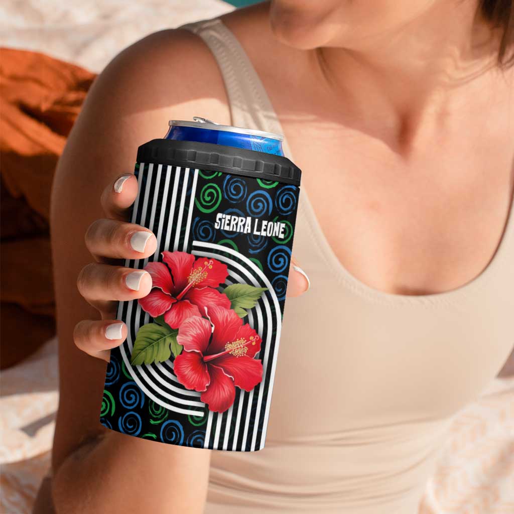 Sierra Leone 4 in 1 Can Cooler Tumbler with Red Hibiscus Floral Design and Tribal Swirl Pattern