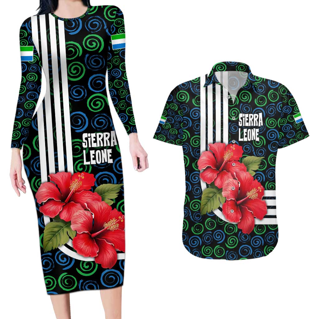 Sierra Leone Couples Matching Long Sleeve Bodycon Dress and Hawaiian Shirt with Red Hibiscus Floral Design and Tribal Swirl Pattern