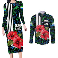 Sierra Leone Couples Matching Long Sleeve Bodycon Dress and Long Sleeve Button Shirt with Red Hibiscus Floral Design and Tribal Swirl Pattern