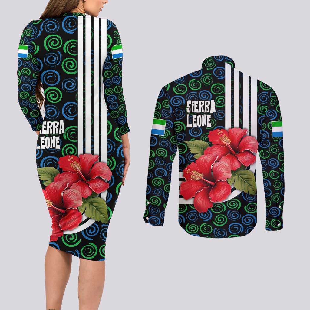 Sierra Leone Couples Matching Long Sleeve Bodycon Dress and Long Sleeve Button Shirt with Red Hibiscus Floral Design and Tribal Swirl Pattern