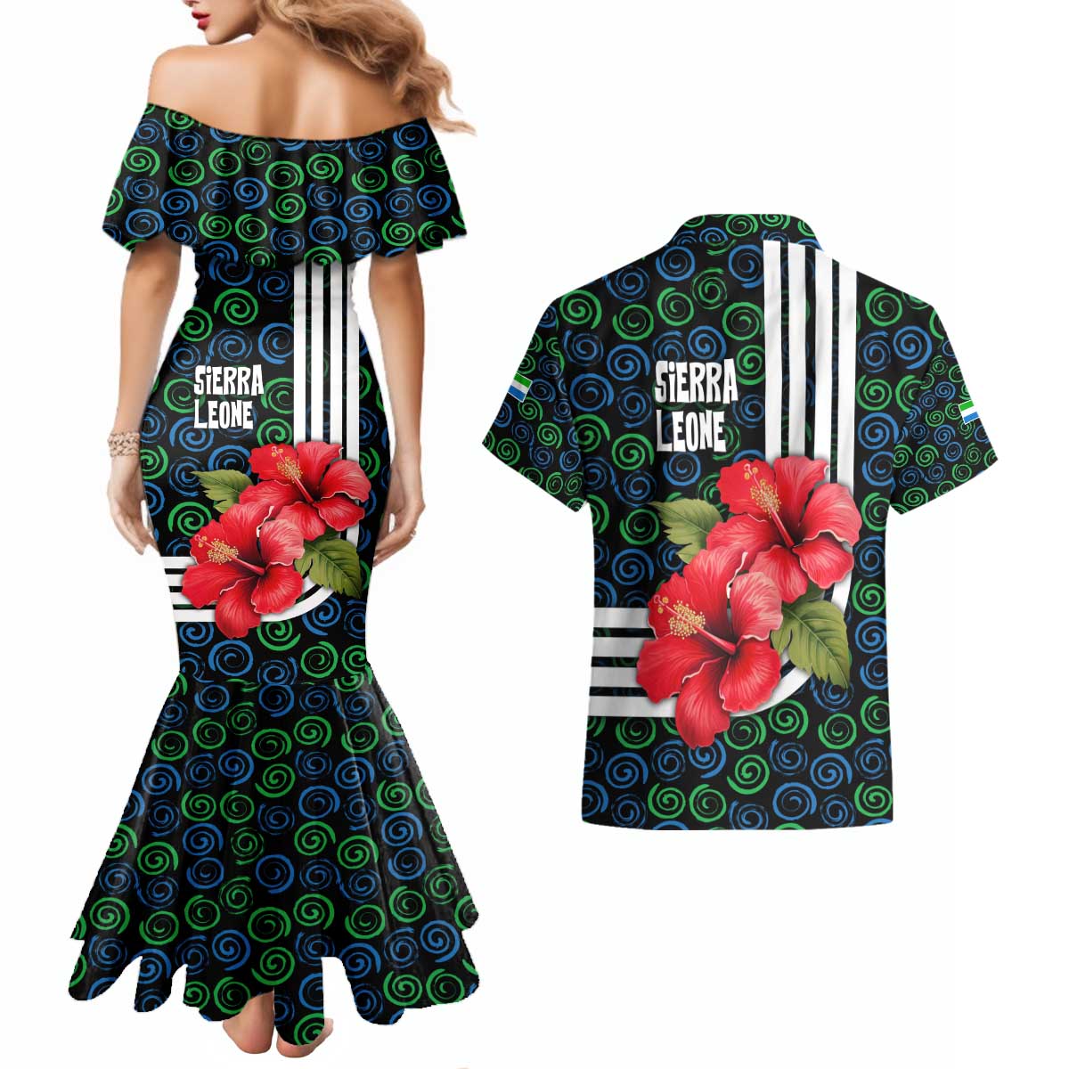 Sierra Leone Couples Matching Mermaid Dress and Hawaiian Shirt with Red Hibiscus Floral Design and Tribal Swirl Pattern