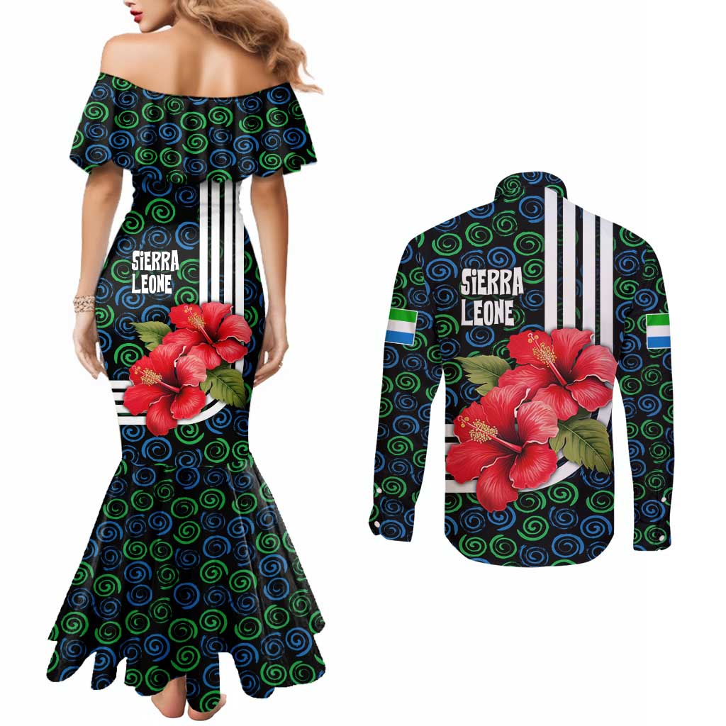 Sierra Leone Couples Matching Mermaid Dress and Long Sleeve Button Shirt with Red Hibiscus Floral Design and Tribal Swirl Pattern