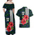 Sierra Leone Couples Matching Off Shoulder Maxi Dress and Hawaiian Shirt with Red Hibiscus Floral Design and Tribal Swirl Pattern