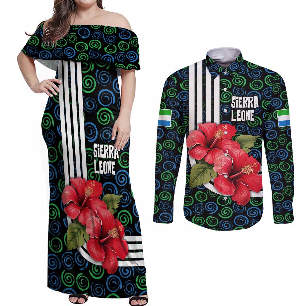 Sierra Leone Couples Matching Off Shoulder Maxi Dress and Long Sleeve Button Shirt with Red Hibiscus Floral Design and Tribal Swirl Pattern