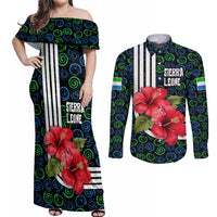 Sierra Leone Couples Matching Off Shoulder Maxi Dress and Long Sleeve Button Shirt with Red Hibiscus Floral Design and Tribal Swirl Pattern