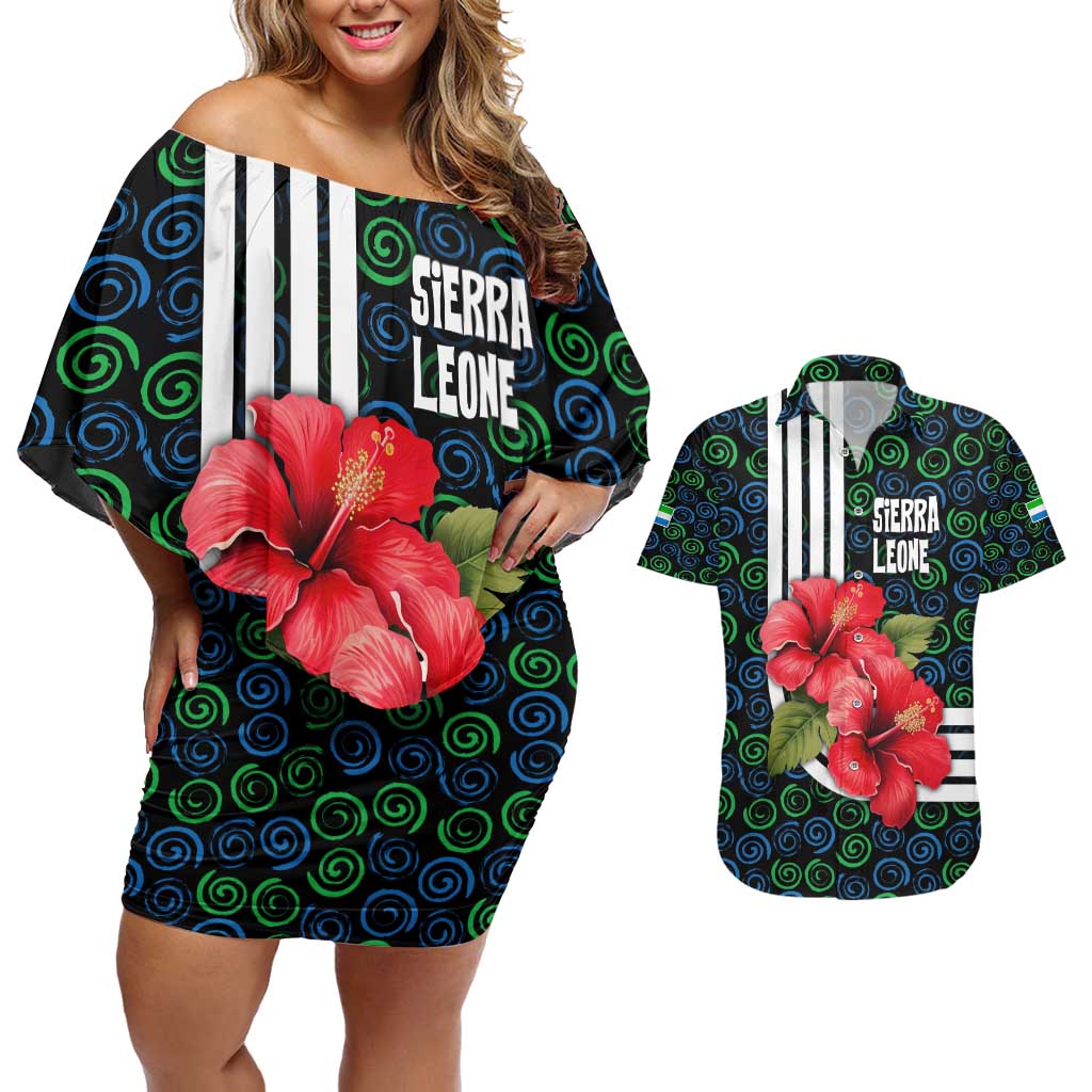 Sierra Leone Couples Matching Off Shoulder Short Dress and Hawaiian Shirt with Red Hibiscus Floral Design and Tribal Swirl Pattern