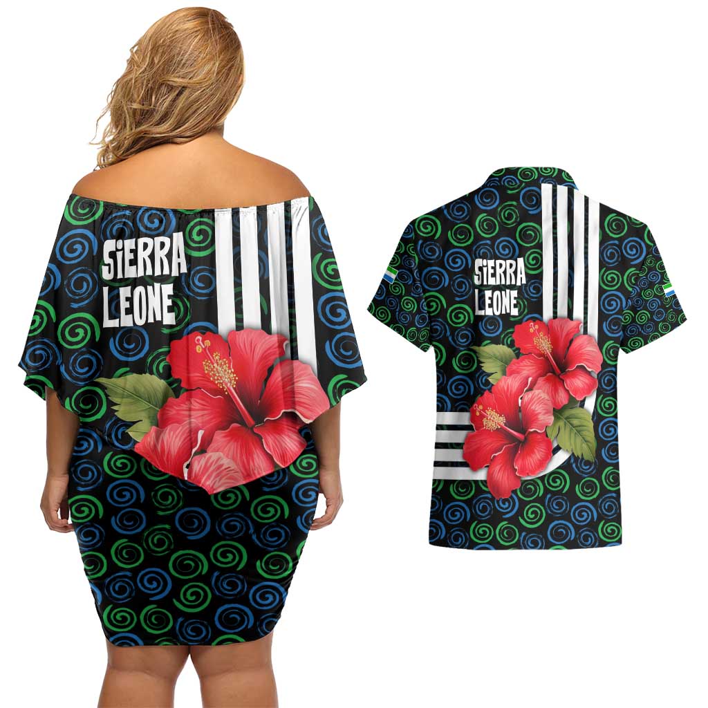 Sierra Leone Couples Matching Off Shoulder Short Dress and Hawaiian Shirt with Red Hibiscus Floral Design and Tribal Swirl Pattern