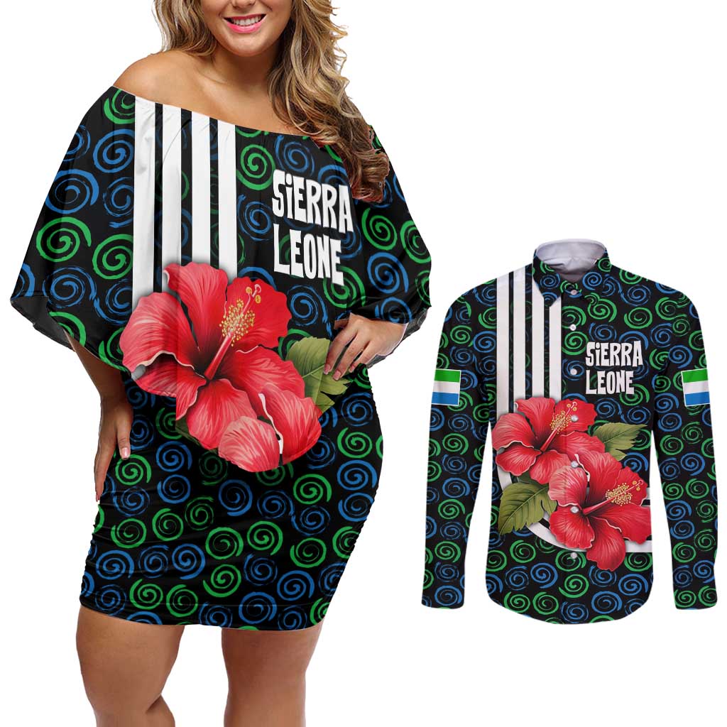 Sierra Leone Couples Matching Off Shoulder Short Dress and Long Sleeve Button Shirt with Red Hibiscus Floral Design and Tribal Swirl Pattern