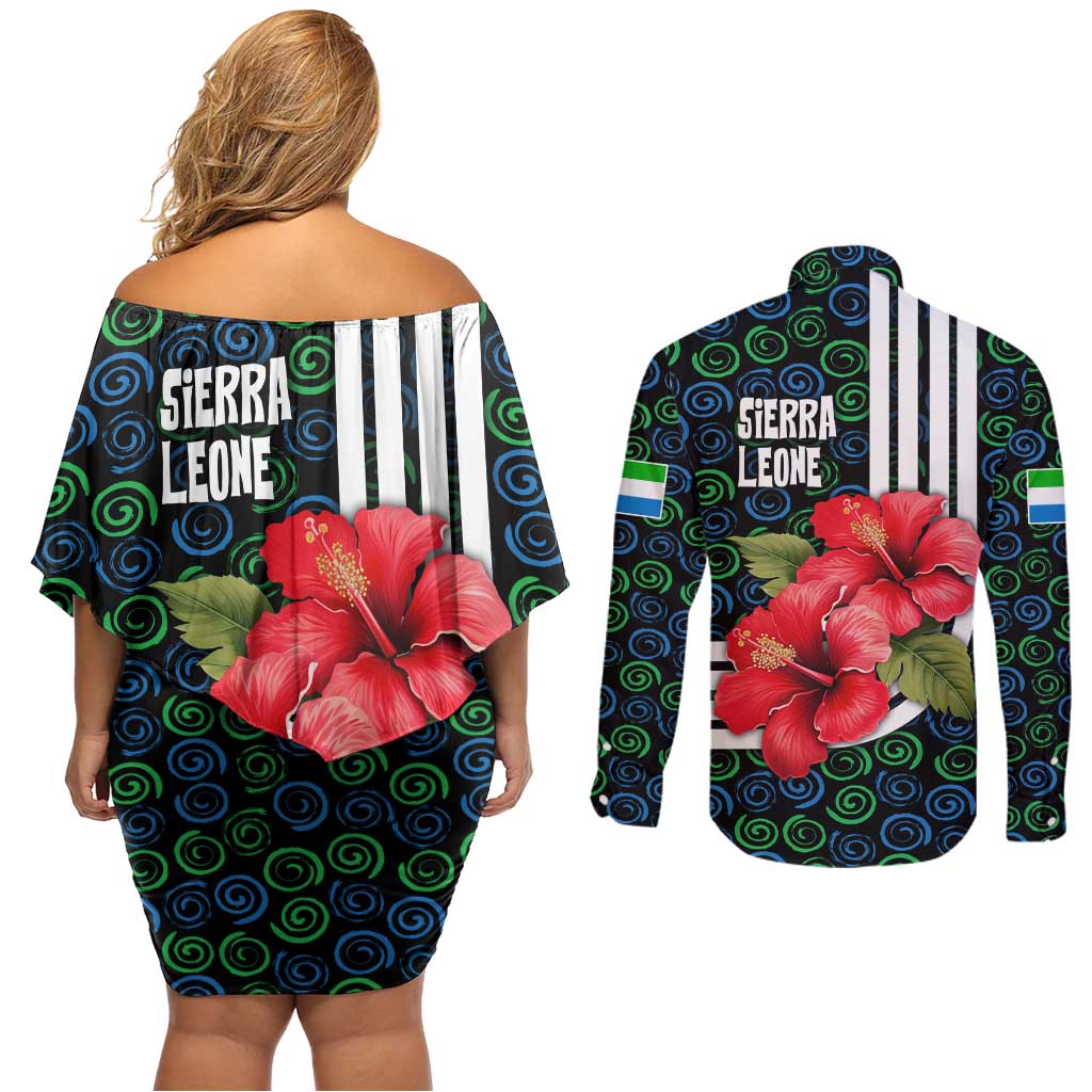 Sierra Leone Couples Matching Off Shoulder Short Dress and Long Sleeve Button Shirt with Red Hibiscus Floral Design and Tribal Swirl Pattern
