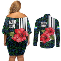 Sierra Leone Couples Matching Off Shoulder Short Dress and Long Sleeve Button Shirt with Red Hibiscus Floral Design and Tribal Swirl Pattern
