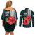 Sierra Leone Couples Matching Off Shoulder Short Dress and Long Sleeve Button Shirt with Red Hibiscus Floral Design and Tribal Swirl Pattern