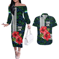 Sierra Leone Couples Matching Off The Shoulder Long Sleeve Dress and Hawaiian Shirt with Red Hibiscus Floral Design and Tribal Swirl Pattern