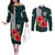 Sierra Leone Couples Matching Off The Shoulder Long Sleeve Dress and Long Sleeve Button Shirt with Red Hibiscus Floral Design and Tribal Swirl Pattern
